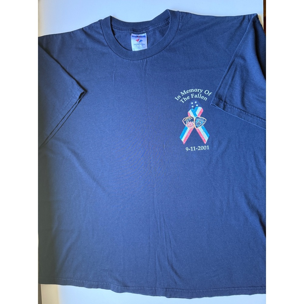 Y2K Jerzees 9-11 Memorial T Shirt Twin Towers Navy Blue XL First Responder